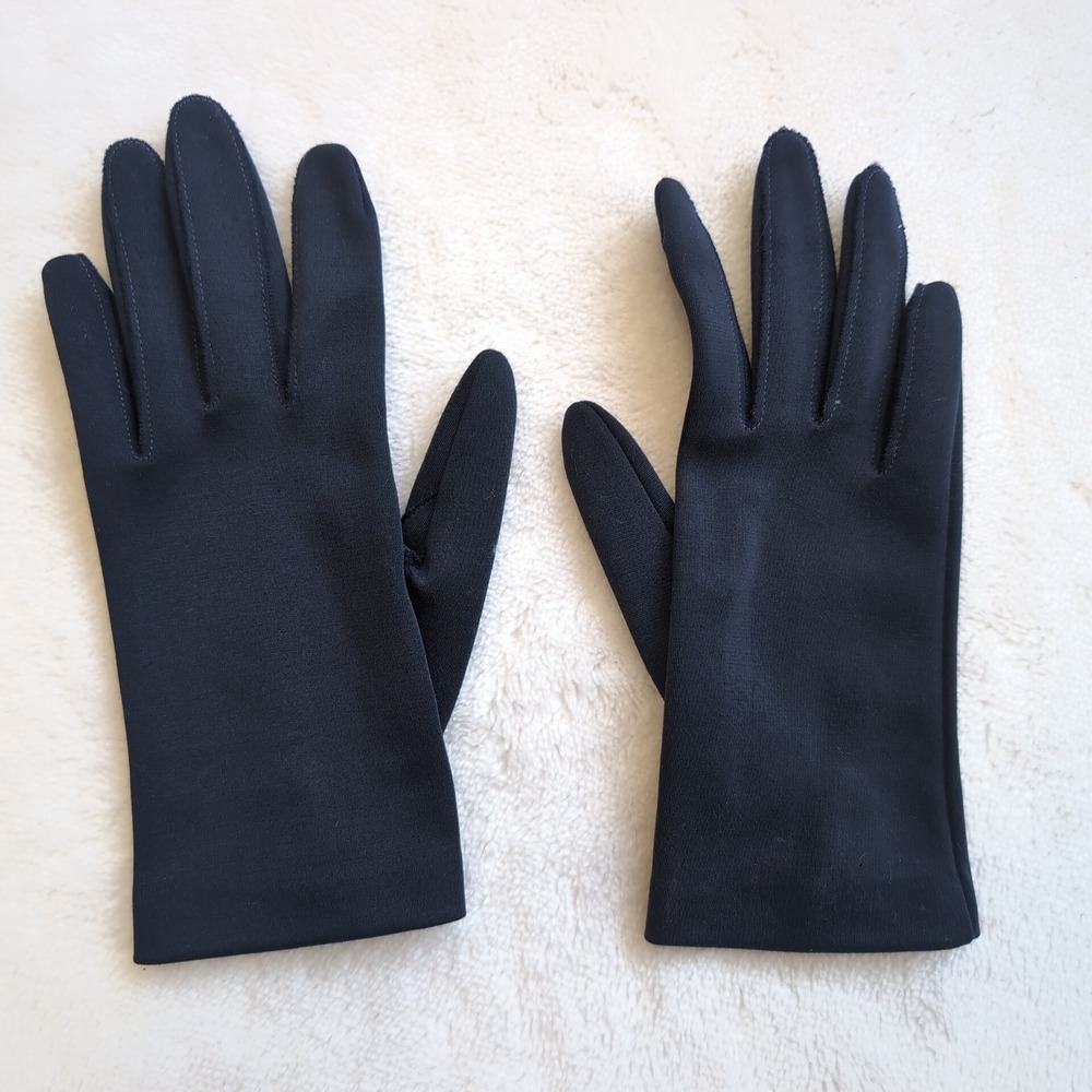 Vintage 1960s Hansen Gloves Women 6.5 Navy Nylasuede Faux Pearl Button Wrist